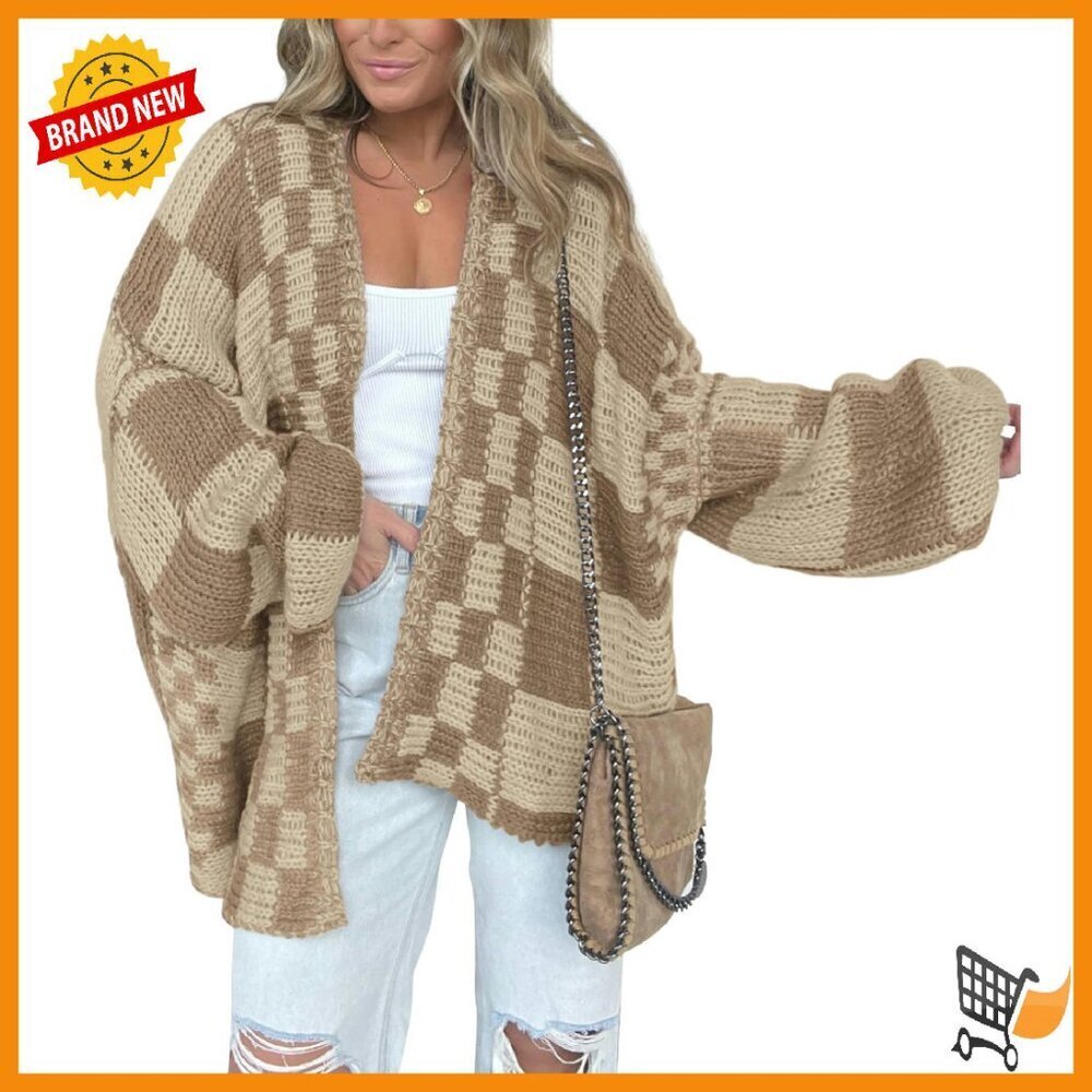 Chunky Knit Cardigan Open Front Checkered Pattern Cozy Sweater